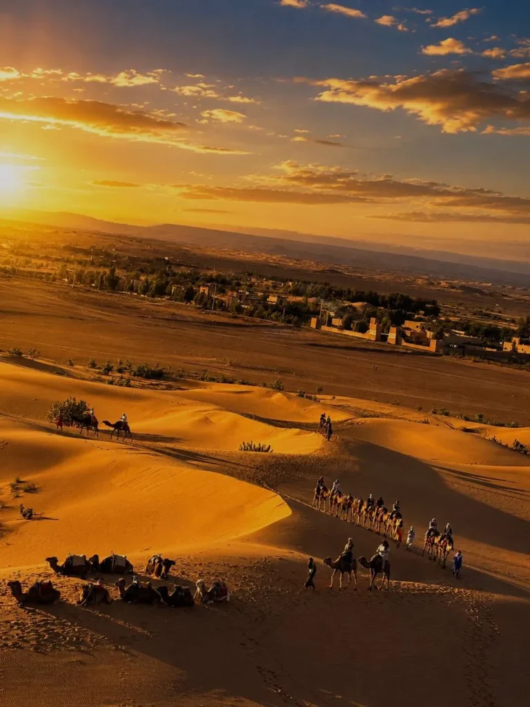 Photos Caravane de dromadaires dans les dunes au coucher du soleil – voyager au Maroc